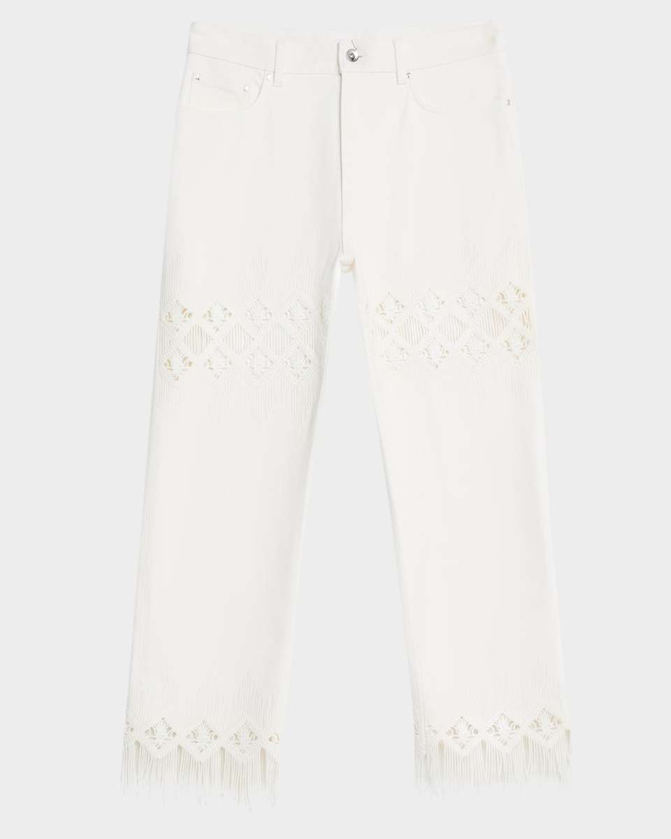 Macrame-Inset Straight-Leg Fringed Ankle Pants